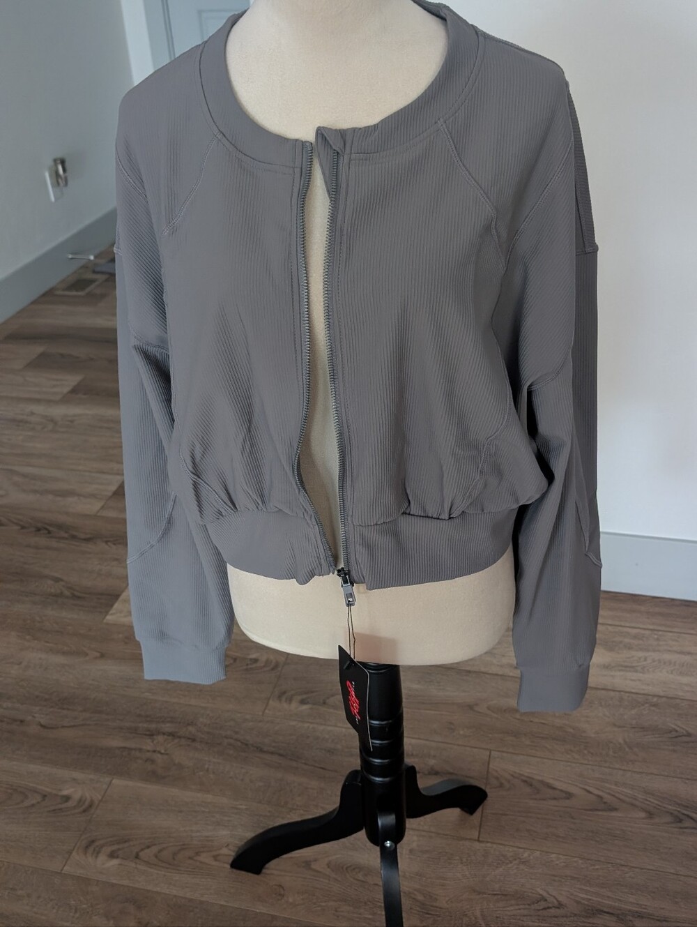 Cropped Zip-Front Bomber Jacket in Gray